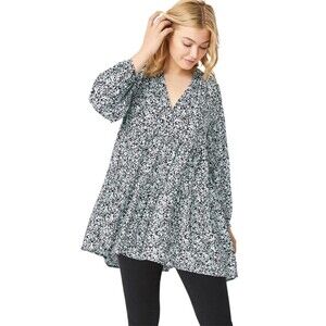 Ellos Blouse Tiered Tunic with Notch Plus Size 1X 22/24 Floral V-Neck 3/4 Sleeve